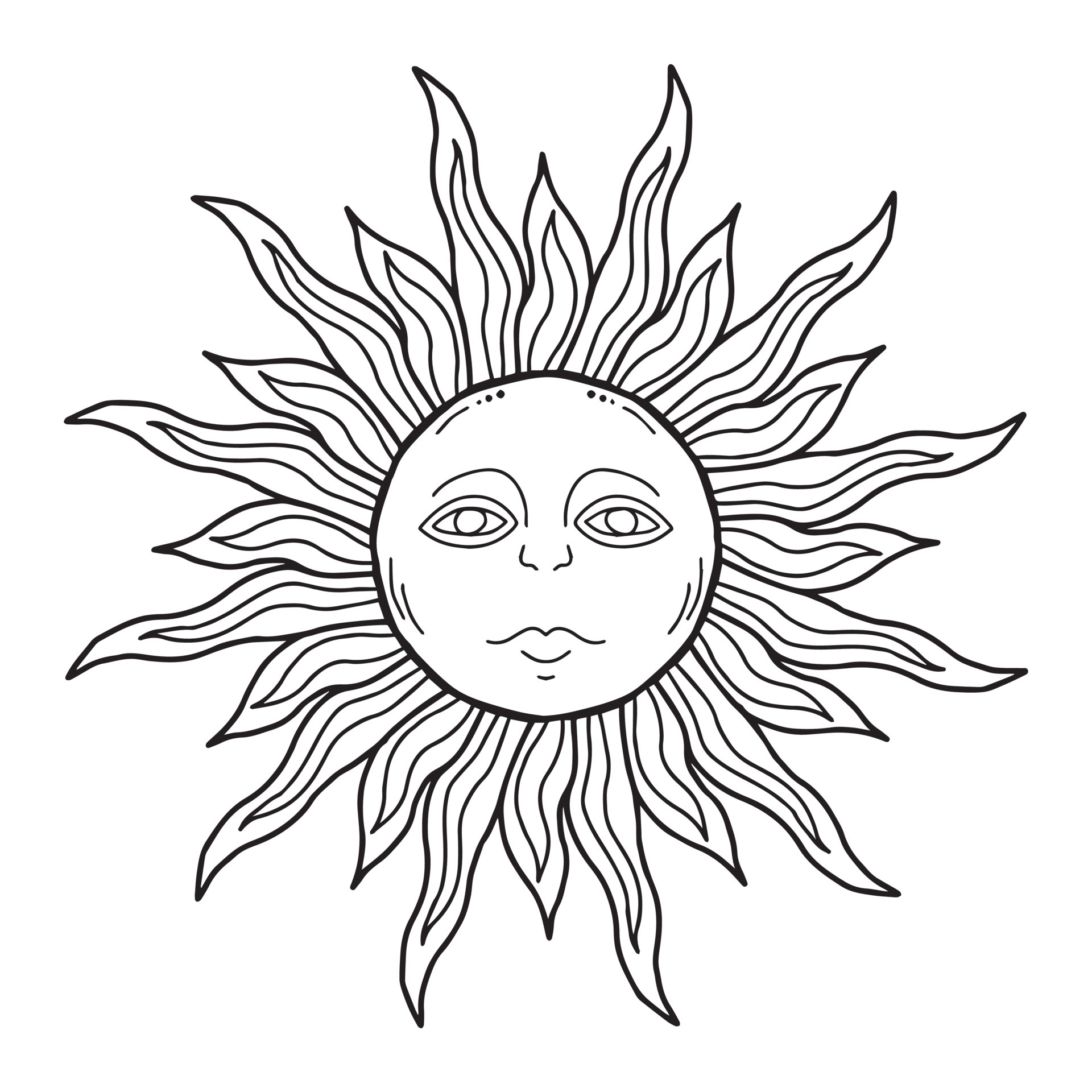 Stylized sun with face hand drawn in black ink outline, traditional ...