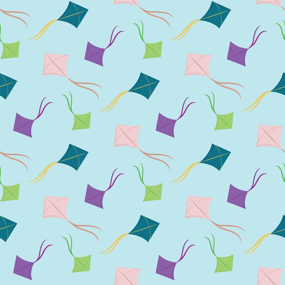 Makar Sankranti seamless pattern with bright colorful kites with bow tail flying in sunny sky blue sky background. Vector backdrop Maghi - Hindu festival of India.