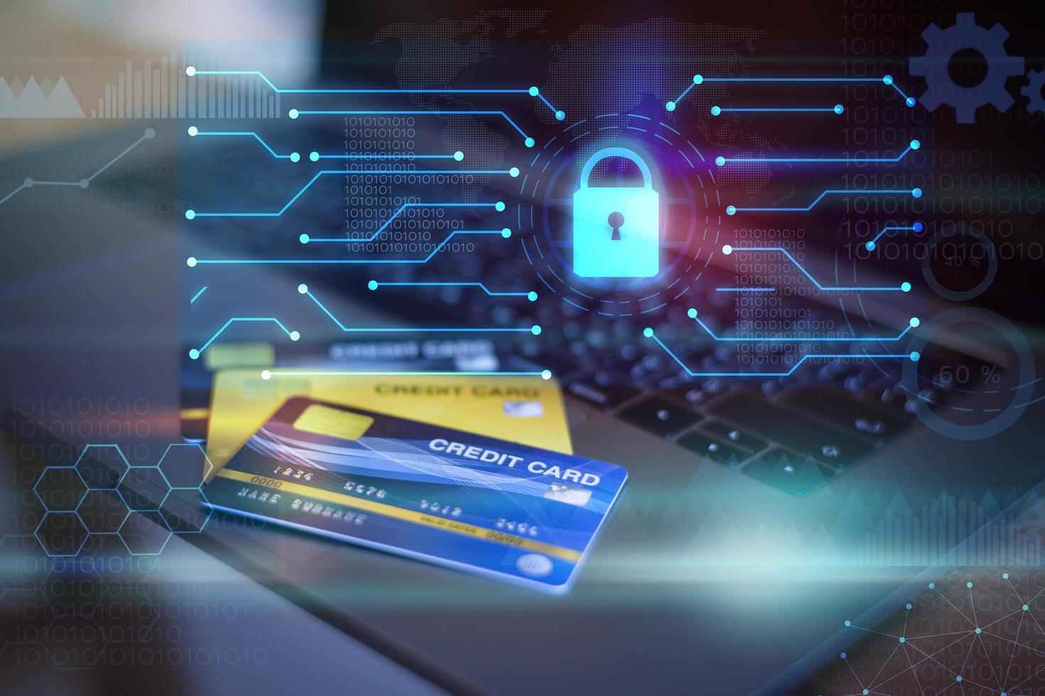 Credit card on computer  with digital padlock and technology icons , credit card security concept photo