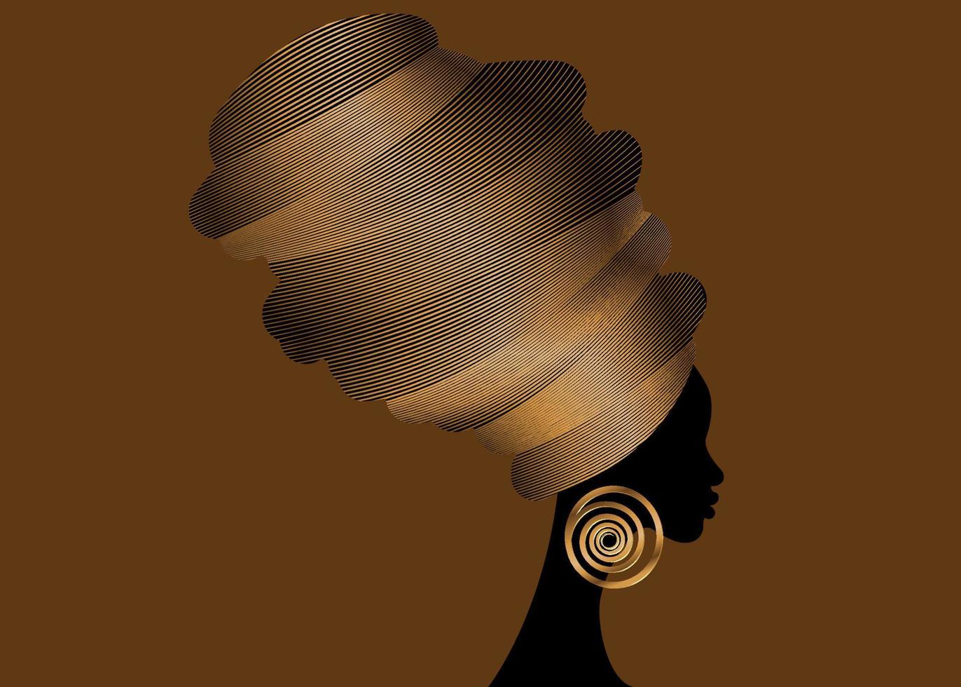 retrato hermosa mujer africana en turbante tradicional hecho a mano tribal africano kente envoltura de cabeza con aretes de oro étnico, mujeres negras cabello rizado afro, silueta vectorial aislada en fondo marrón vector