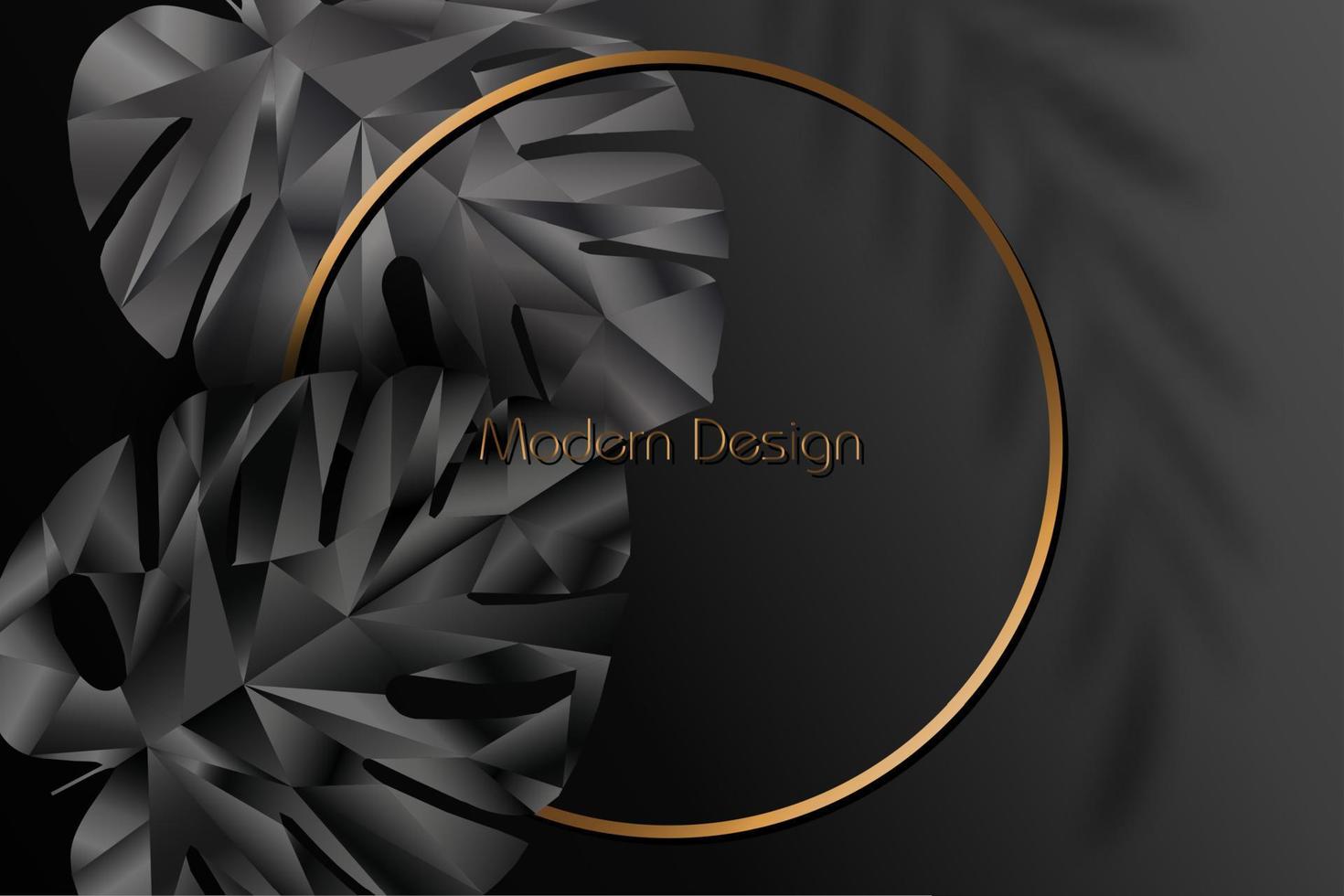 Exotic black banner, cover design. Floral background polygonal tropical leaf of Monstera plant low poly. Premium gold circle frames, vector template for lux invitation party, luxury voucher, gift card