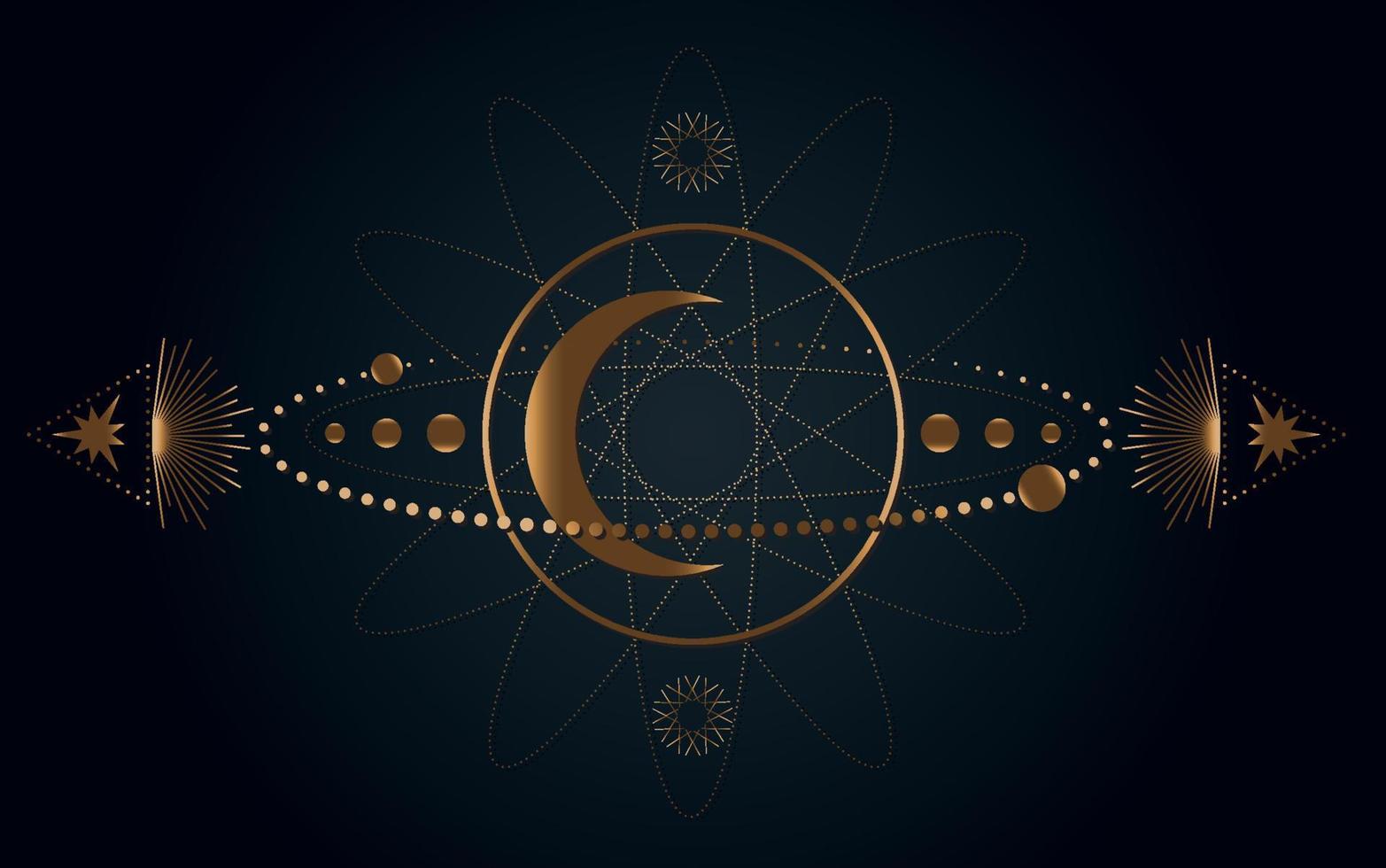 Mystical Sacred geometry. Moon, stars, orbits. Gold Moon magic pagan Wicca  goddess symbol. Alchemy, magic, esoteric, occultism. Vector illustration isolated on black background