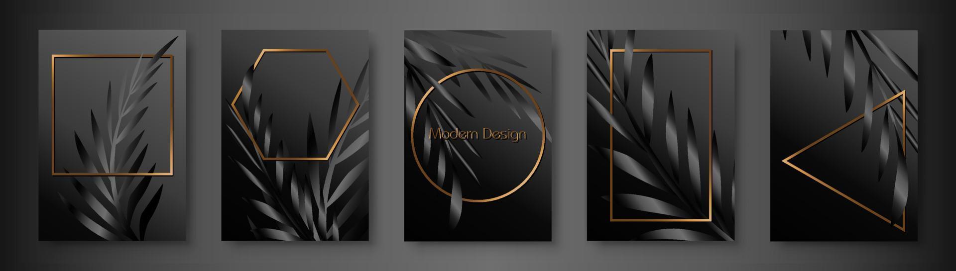 Tropical cover design set with palm branch, black leaf print on dark gradient background and golden geometric shape frames for vector floral wedding party card, luxury menu template, holiday templates