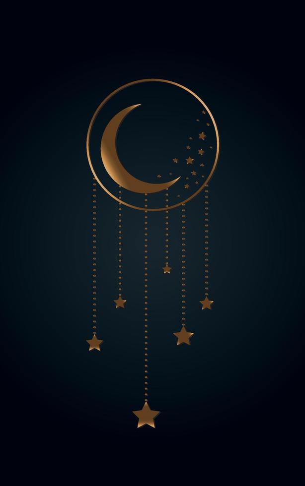 icono de luna y estrellas, bruja boho y símbolo mágico. signo de arte místico, emblema de lujo dorado. ilustración vectorial aislada en fondo negro, estilo plano para diseño gráfico y web, logotipo, pegatina, tatuaje vector