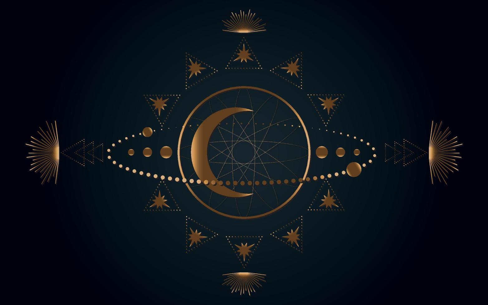 Mystical Sacred geometry. Moon, stars, orbits. Gold Moon magic pagan Wicca  goddess symbol. Alchemy, magic, esoteric, occultism. Vector illustration isolated on black background