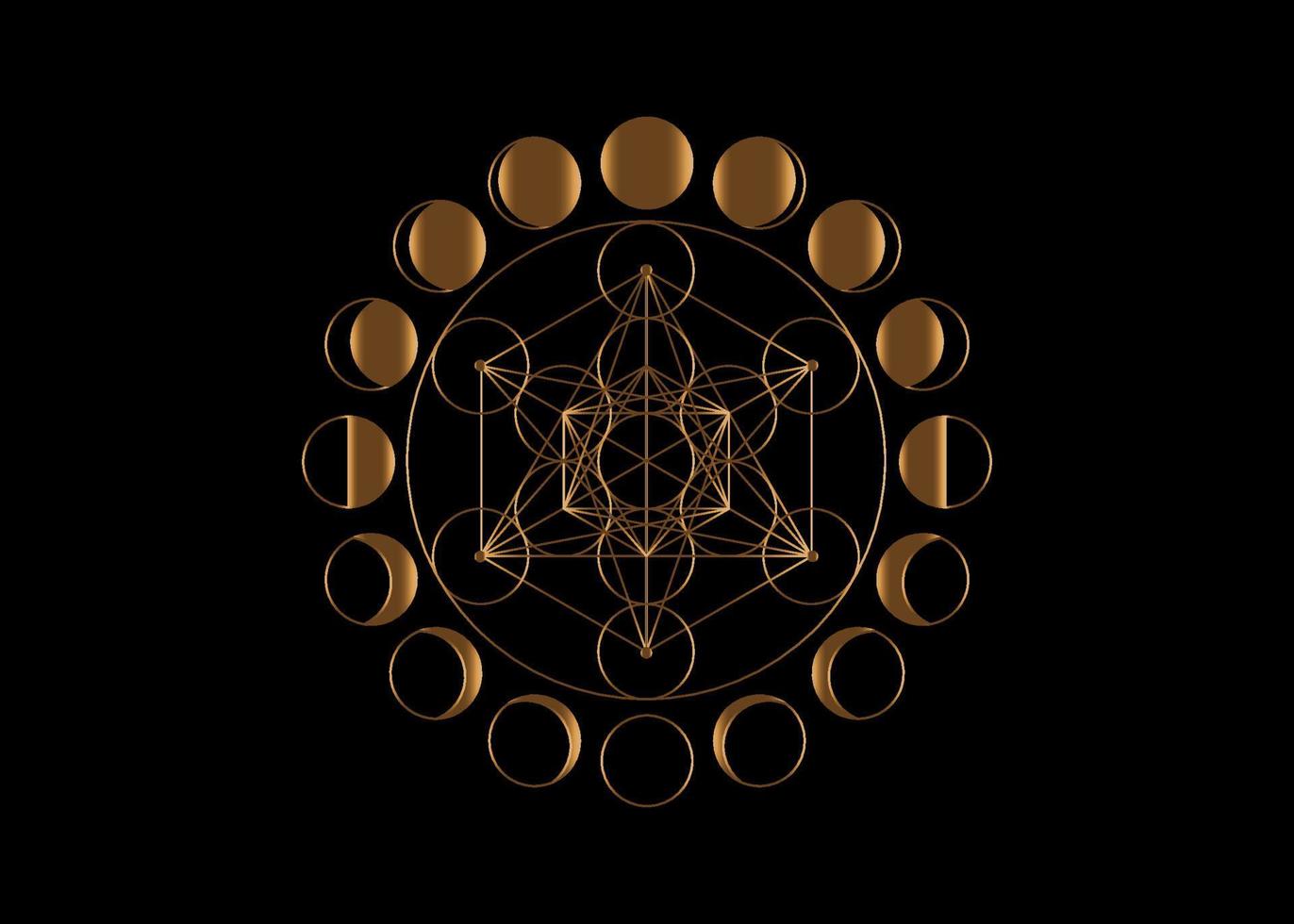 Metatrons Cube, Flower of Life. Sacred geometry, Moon Phases, geometric elements. Gold Mystic icon platonic solids, abstract geometric drawing, crop circles. Vector isolated on black background