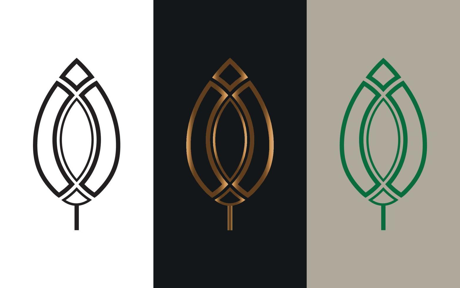 hoja vectorial, forma dorada, monocromática y verde. emblema abstracto, concepto de diseño, logotipo, elemento de logotipo para plantilla. establecer hojas geométricas en color dorado, negro y verde, ilustración aislada vector