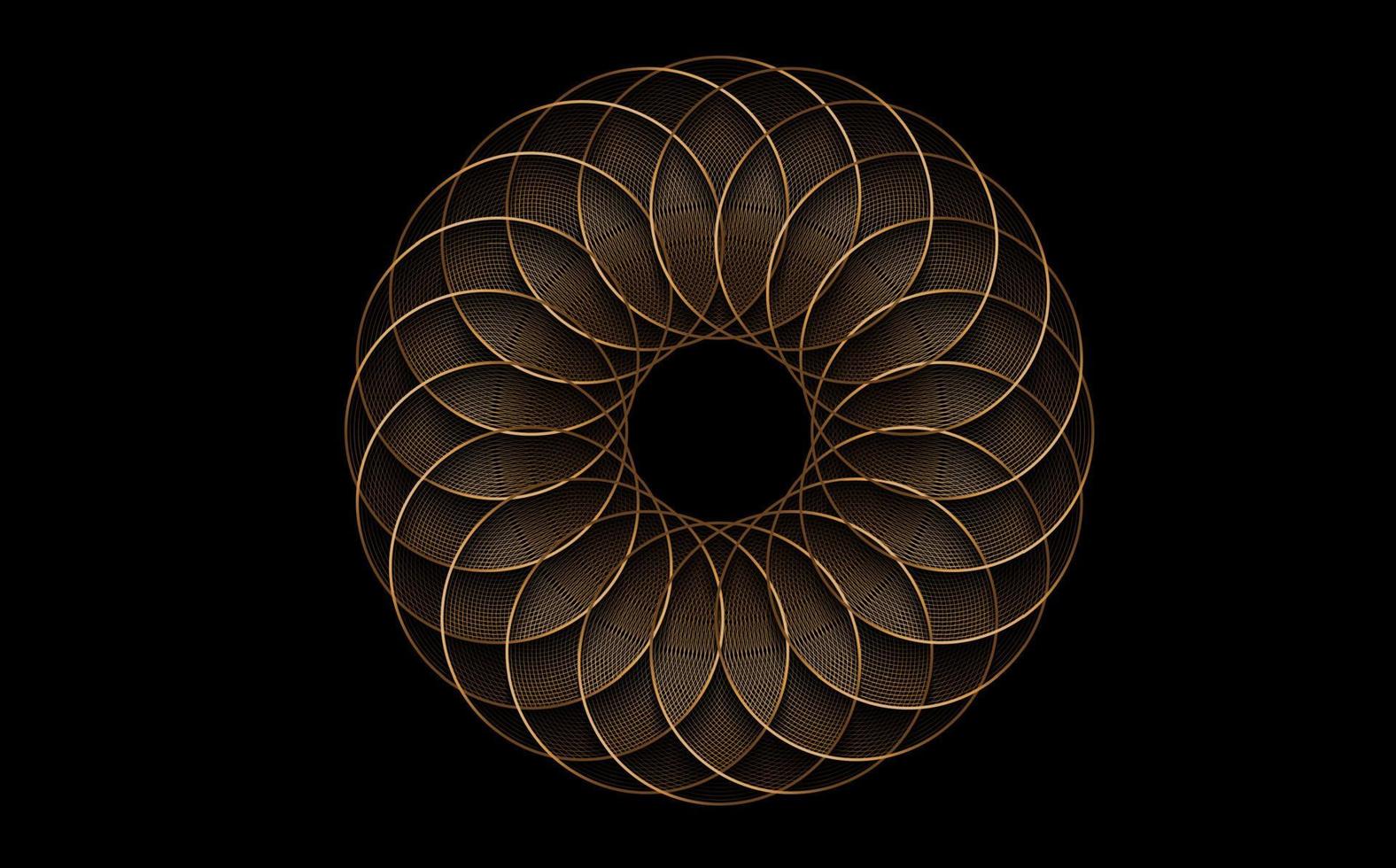 Torus Yantra, Gold flower sacred geometry circles element. Golden Logo Mandala Circular mathematical ornament. Luxury circular pattern from the crossed circles, vector isolated on black background