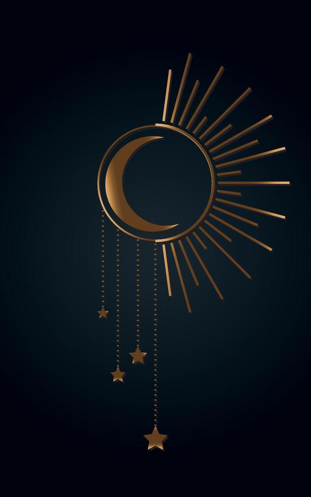 icono de sol, luna y estrellas, bruja boho y símbolo mágico. signo de arte místico, emblema de lujo dorado. ilustración vectorial aislada en fondo negro, estilo plano para diseño gráfico y web, logotipo, pegatina vector