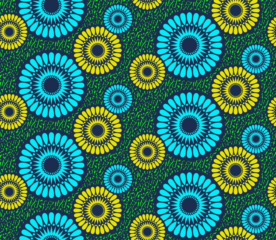 tela de impresión de cera africana sin costuras, adornos étnicos hechos a mano para su diseño, flores étnicas afro y elementos geométricos de motivos tribales. textura de vector, estilo de moda de ankara textil colorido de áfrica vector