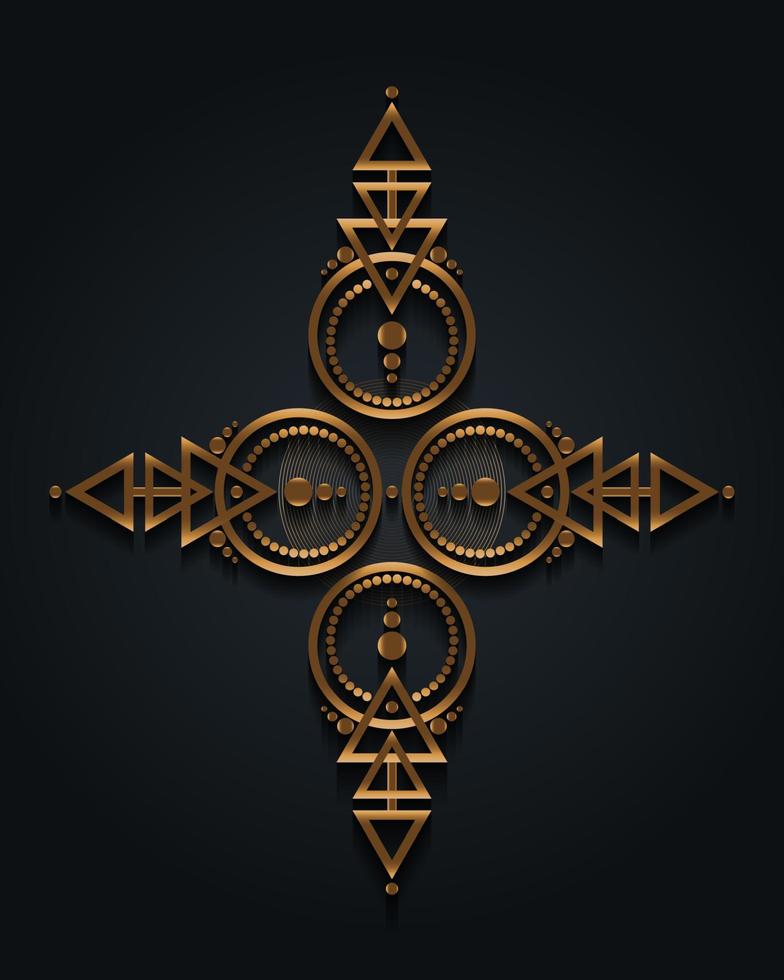 marco transfronterizo de geometría sagrada, diseño de logotipo dorado mágico, astrología, alquimia, estilo boho. signo de brújula mística de lujo dorado con formas geométricas. ilustración vectorial aislada sobre fondo negro vector