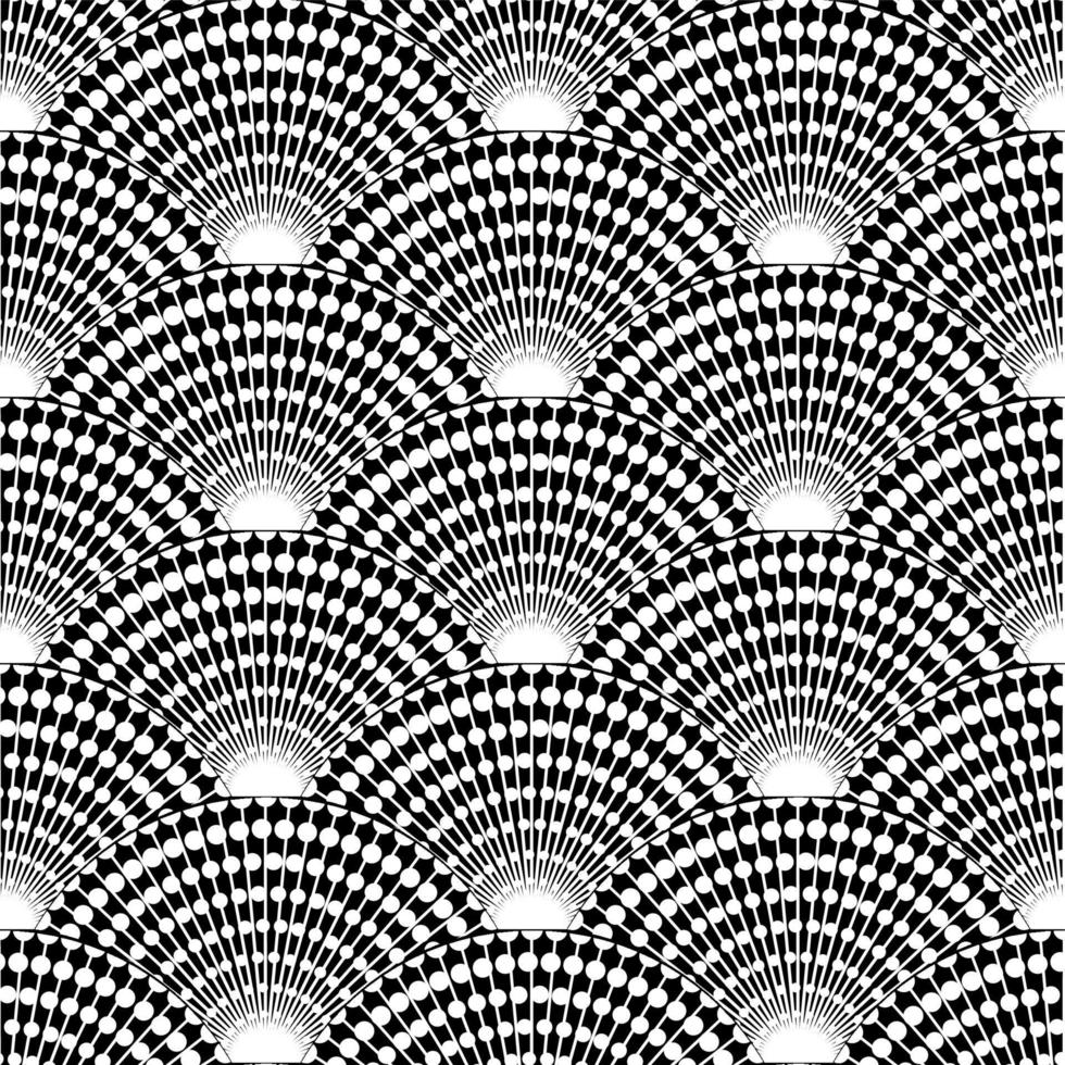 Wavy seamless black and white pattern. Seigaiha ornament in Japanese style. Doodle print polka dot hand drawn. Peacock tail. Banner Vector illustration isolated on white background