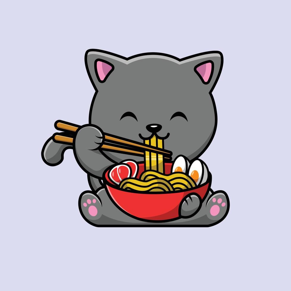 Cute Cat Eat Ramen Cartoon Vector Icon Illustration. Animal Food Icon Concept Isolated Premium Vector. Flat Cartoon Style
