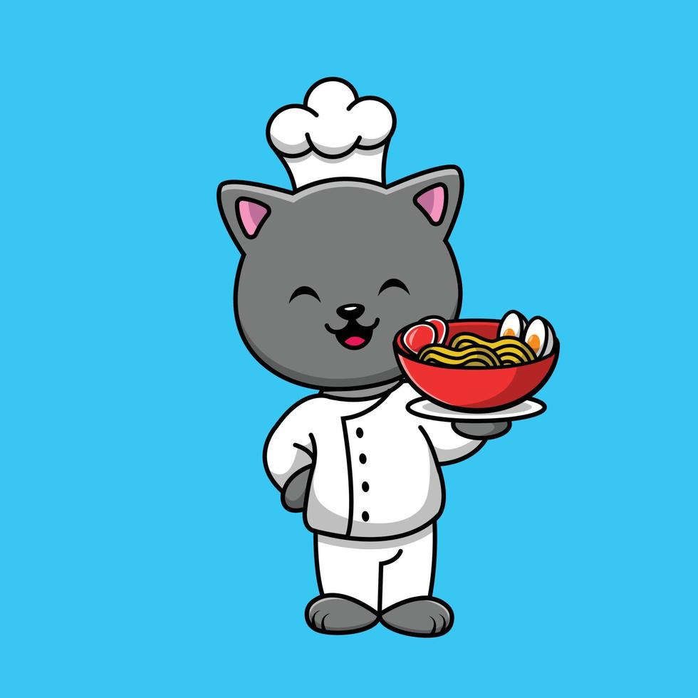 Lindo gato chef sosteniendo ilustración de icono de vector de dibujos animados de ramen. concepto de icono de vacaciones de alimentos para animales vector premium aislado. estilo de dibujos animados plana