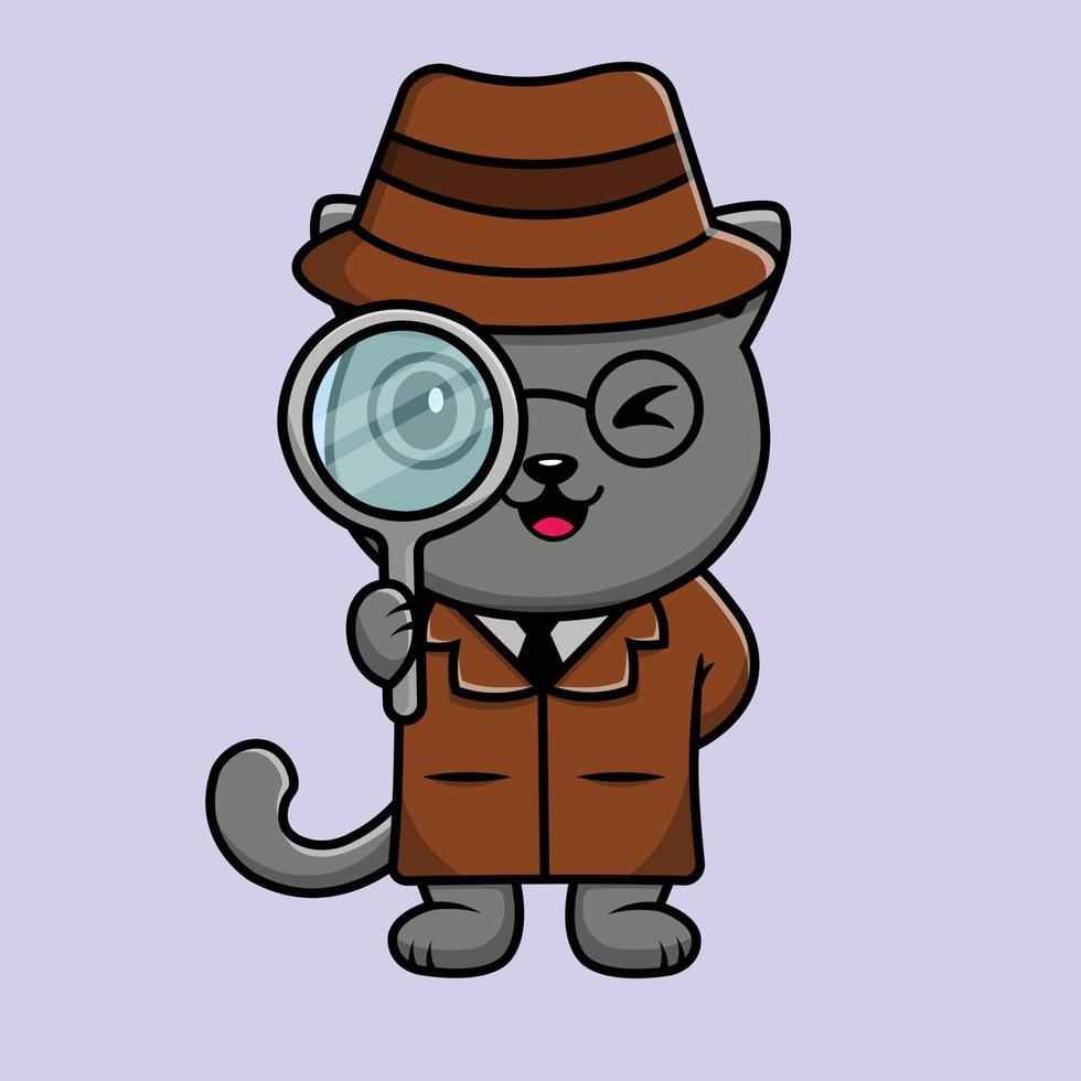 Cute Cat Detective With Magnifying Glass Cartoon Vector Icon Illustration. Animal Icon Concept Isolated Premium Vector. Flat Cartoon Style
