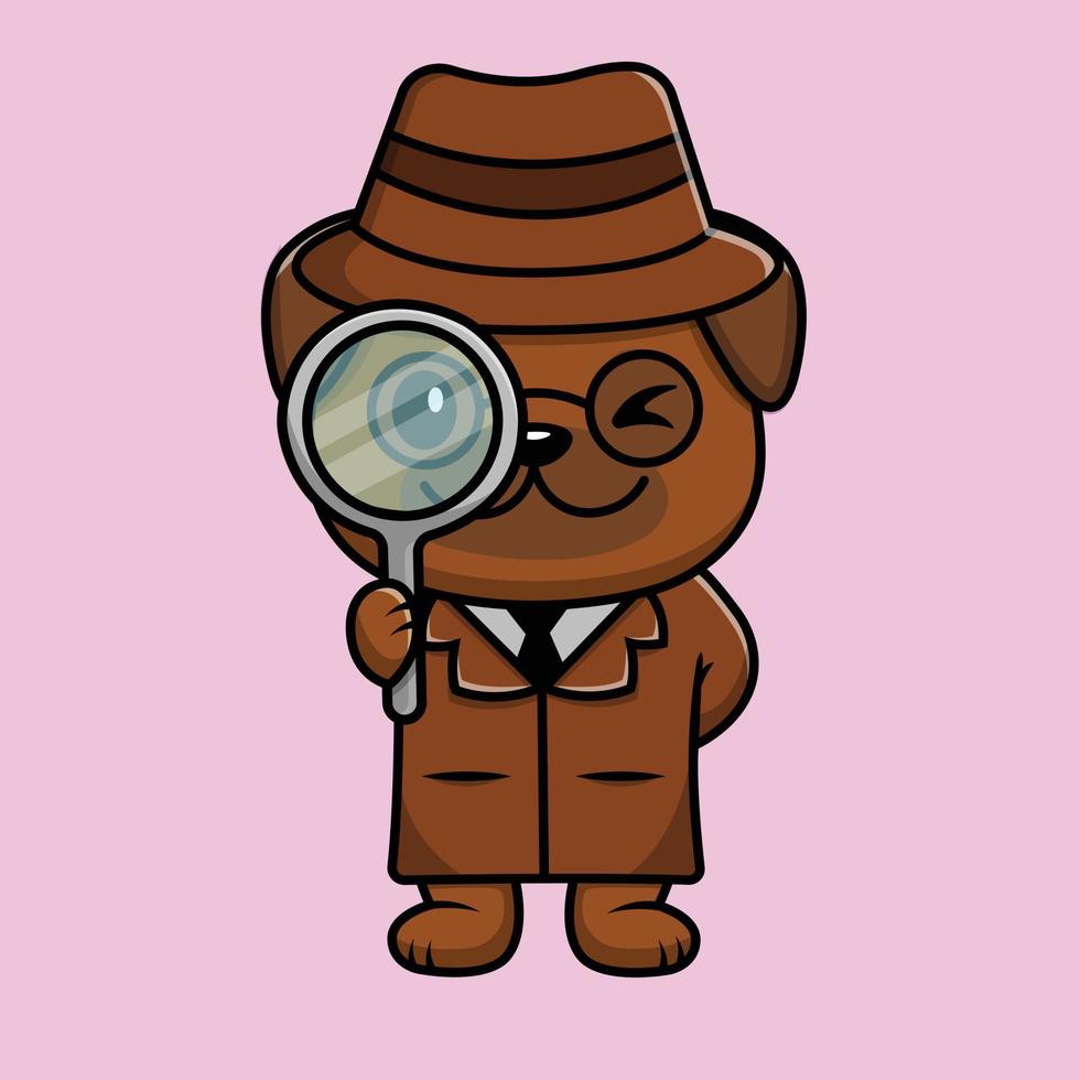 Cute Pug Dog Detective With Magnifying Glass Cartoon Vector Icon Illustration. Animal Icon Concept Isolated Premium Vector. Flat Cartoon Style