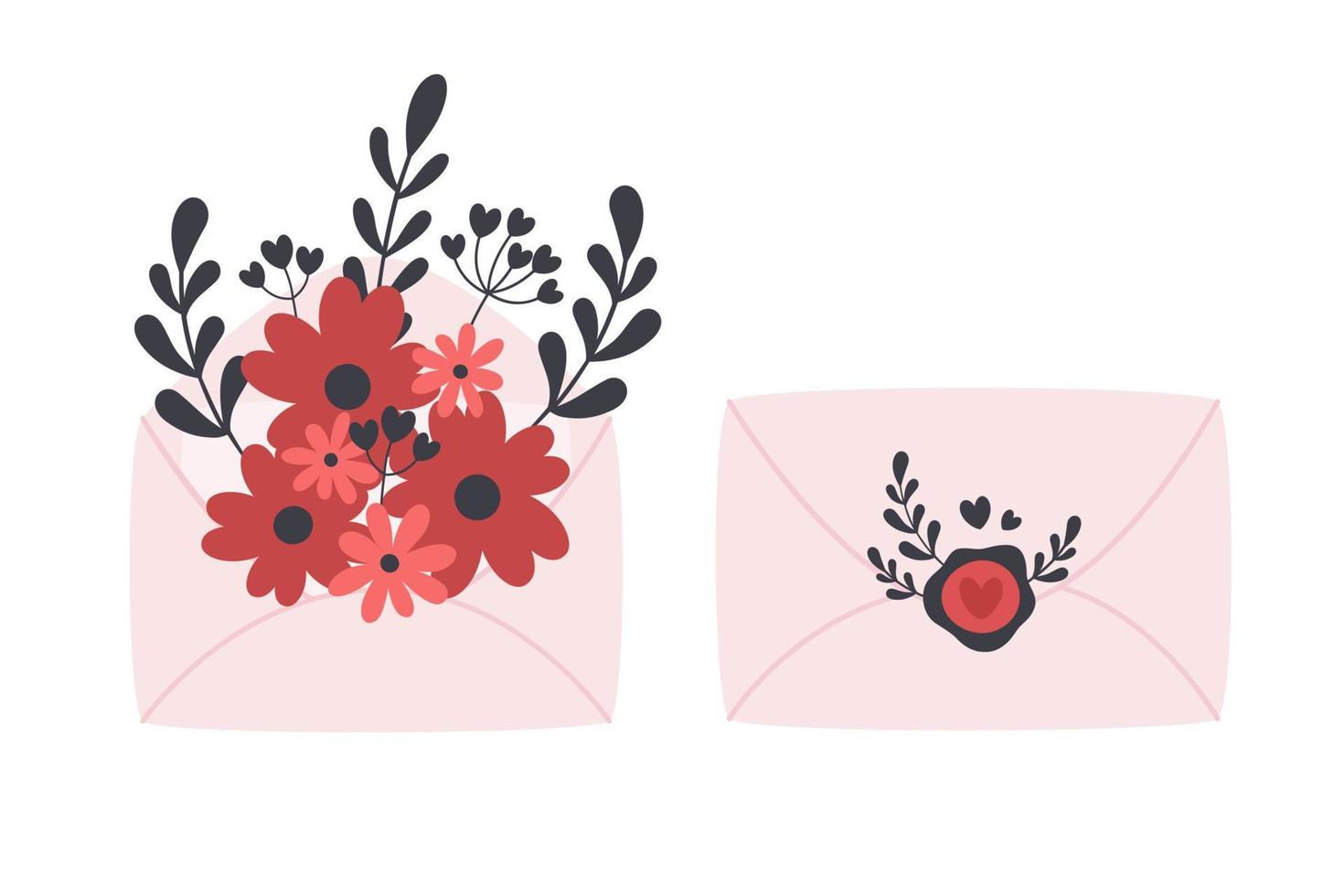 Envelope with flowers, leaves and branches. Love, romantic, Valentines day, wedding vector