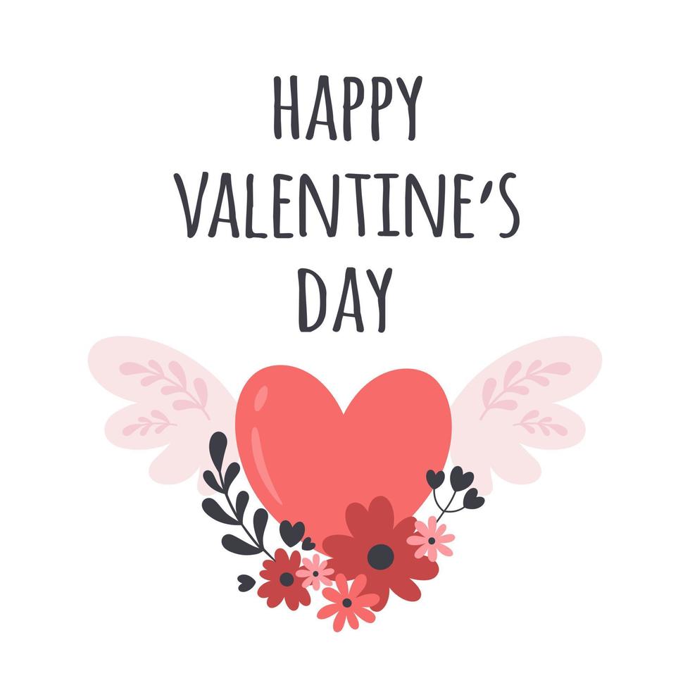 Valentines Day greeting card with heart with wings and flowers. vector