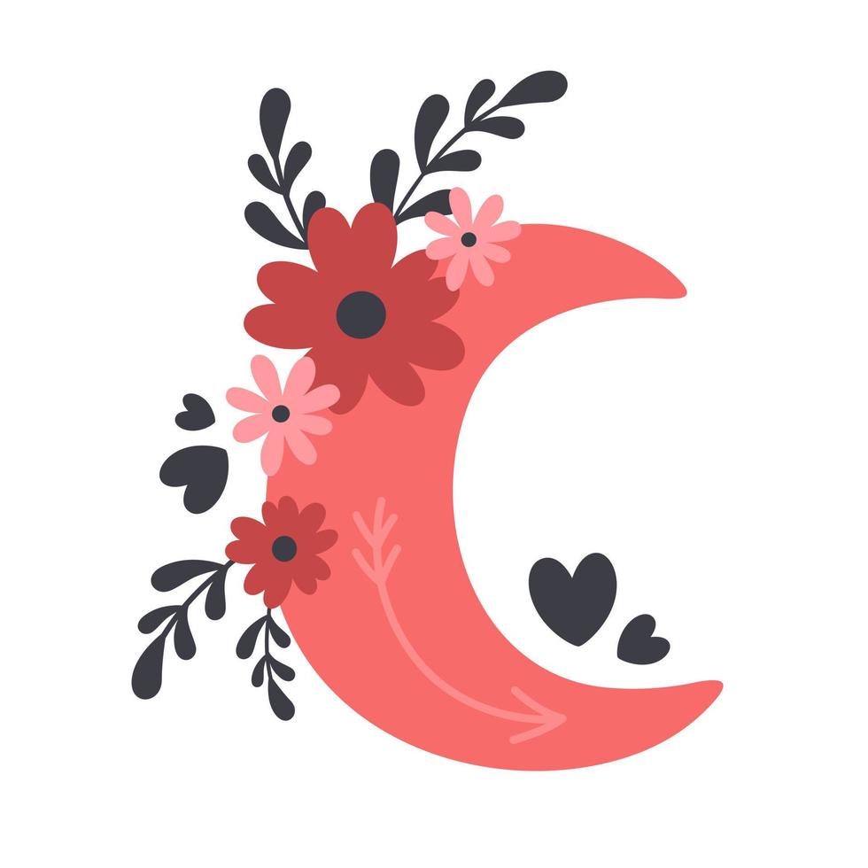 Moon with flowers, hearts, branches, leaves in boho style. Valentines day vector