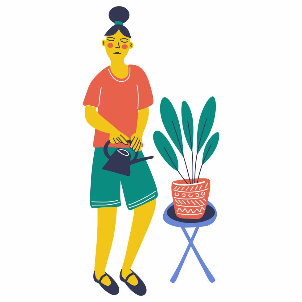 A young woman watering her houseplant in the pot vector
