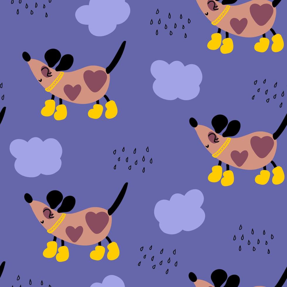 Hand drawn dog in yellow boots in the rain seamless pattern. vector
