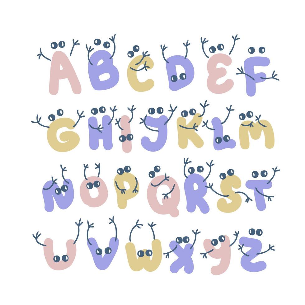 Alphabet letters with hands and eyes doodle collection. vector