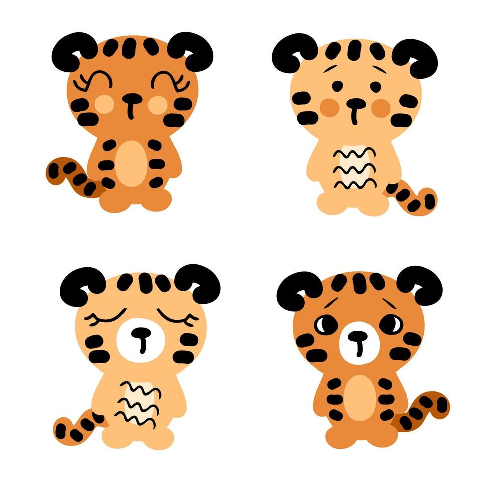 colección de cachorros de tigre dibujados a mano. conjunto de cuatro lindos bebés tigris. vector