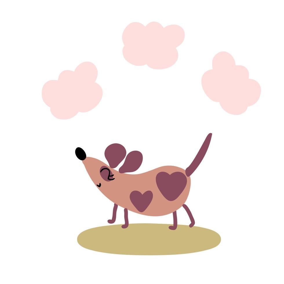 Hand drawn romantic valentine dog with pink clouds. vector