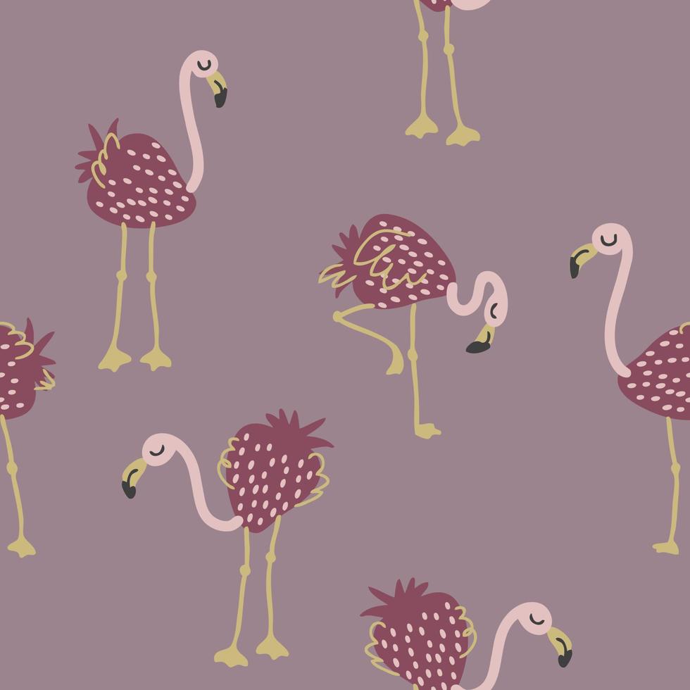 Hand drawn seamless pattern with strawberry flamingo. vector