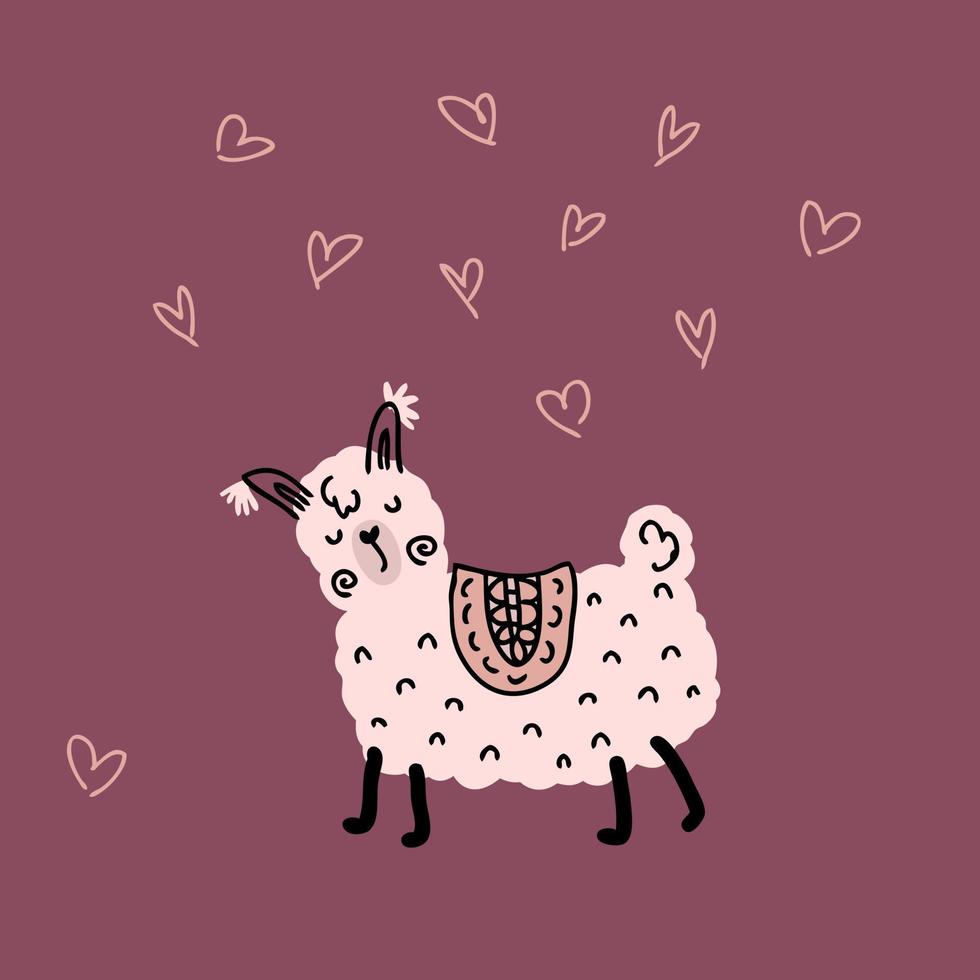 Hand drawn romantic valentine llama and hearts. vector