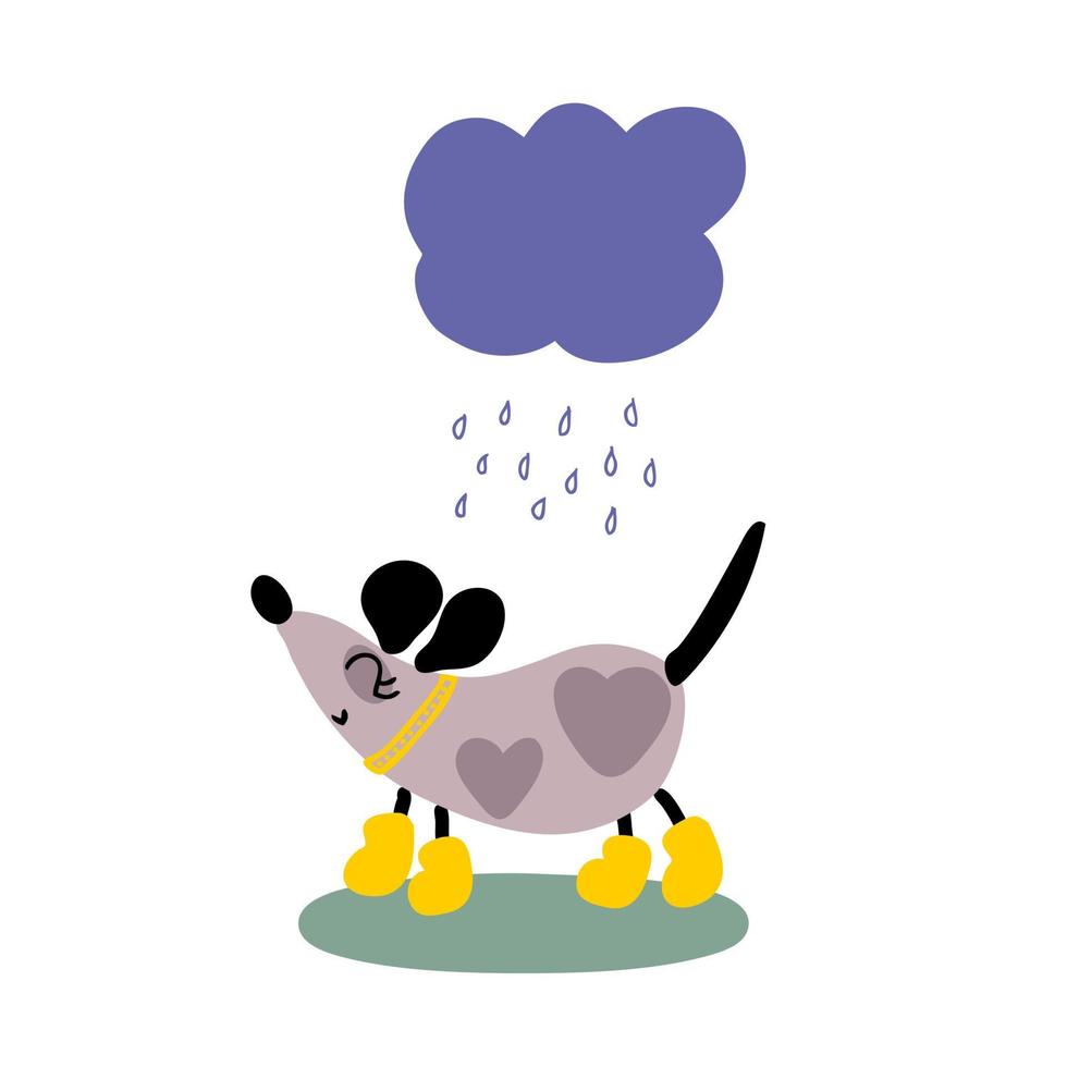 Hand drawn happy dog in yellow boots walking in the rain. vector