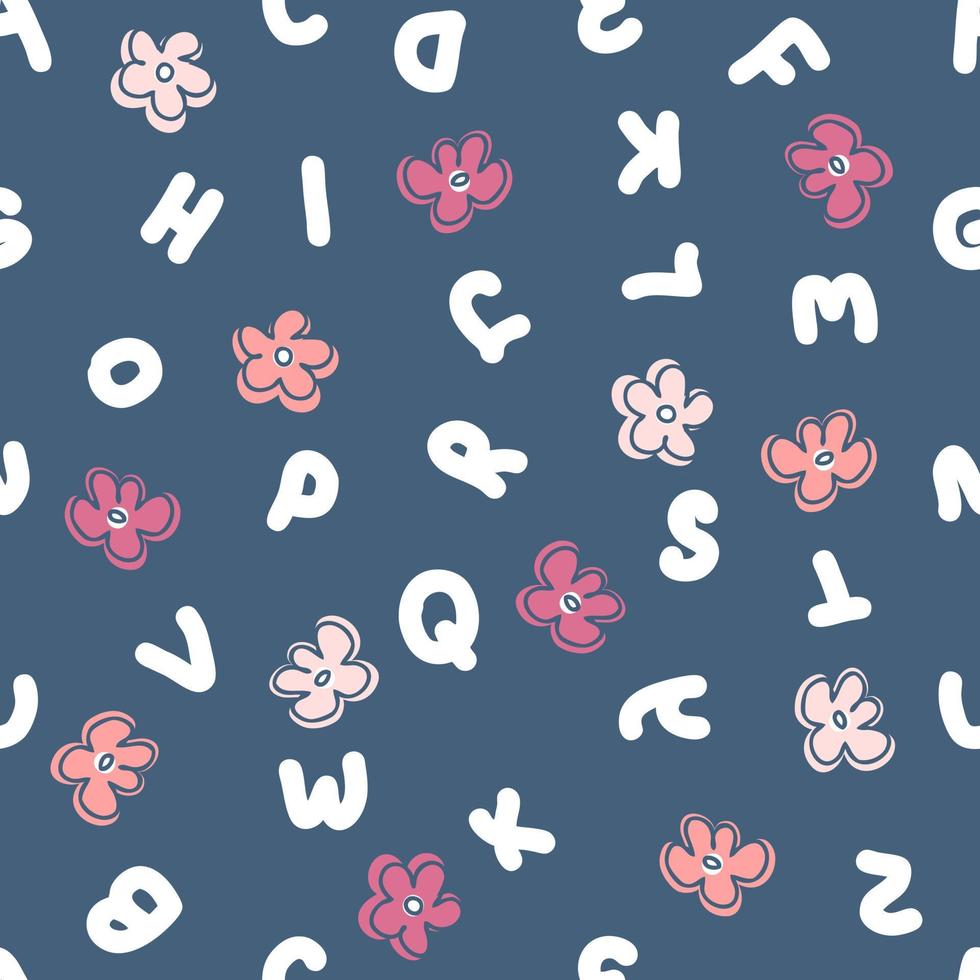 Hand drawn seamless pattern with latin letters and flowers. vector