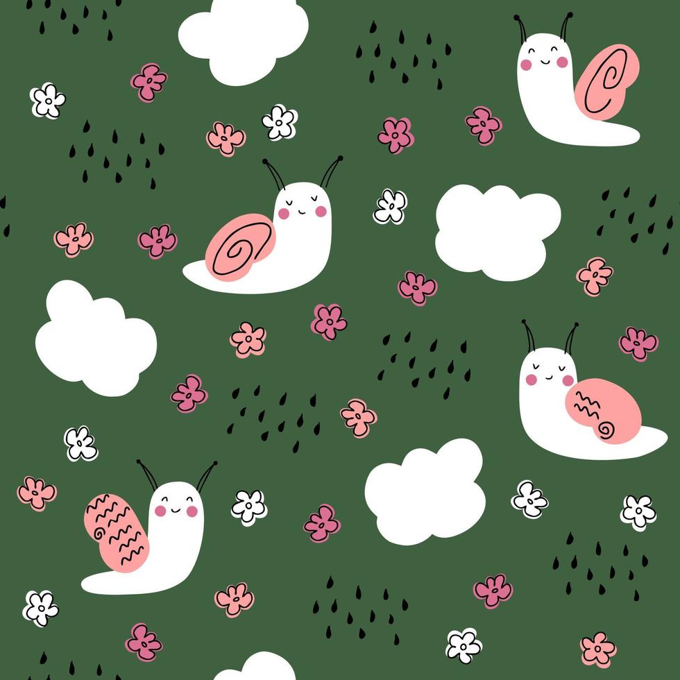 Summer snails and flowers seamless pattern. vector