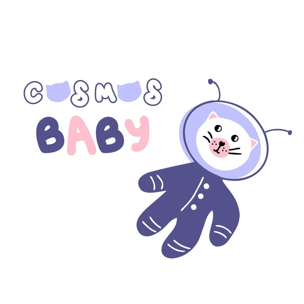 Hand drawn cat astronaut and text COSMOS BABY. vector