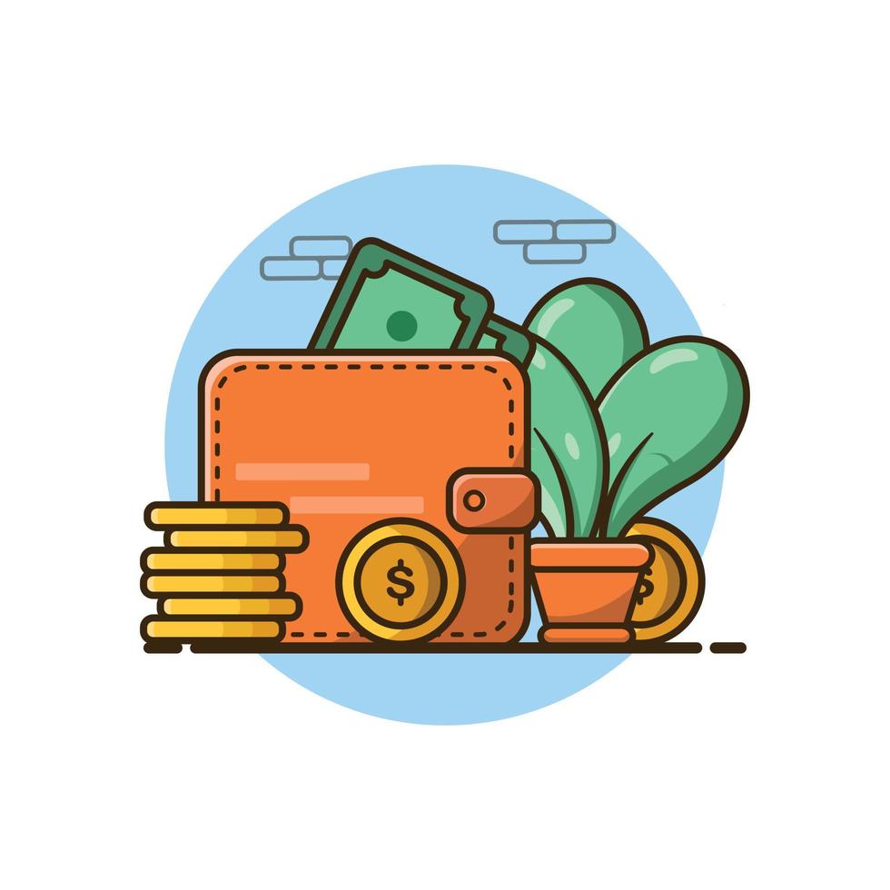 Wallet with Money, Coin and Leaf Illustration Flat Cartoon Style Vector