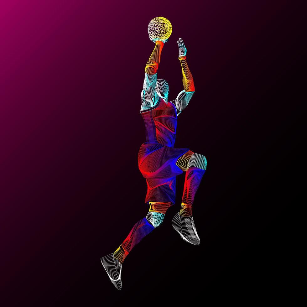 Basketball player action figure line art. Human action on motion lines. Basketball slum dunk. vector