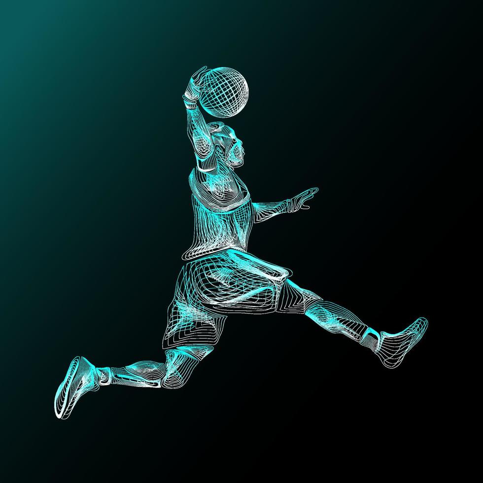 arte de línea de figura de acción de jugador de baloncesto. acción humana sobre las líneas de movimiento. volcada de barrio bajo de baloncesto. vector