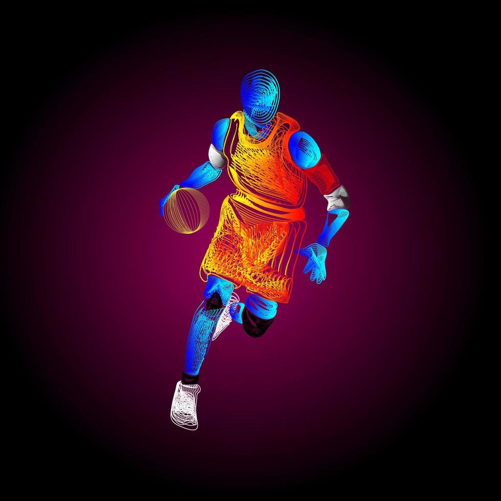 arte de línea de figura de jugador de baloncesto. acción humana sobre las líneas de movimiento. vector