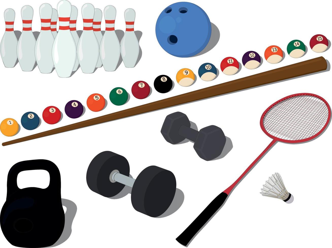 Different type sports game equipment collection vector illustration