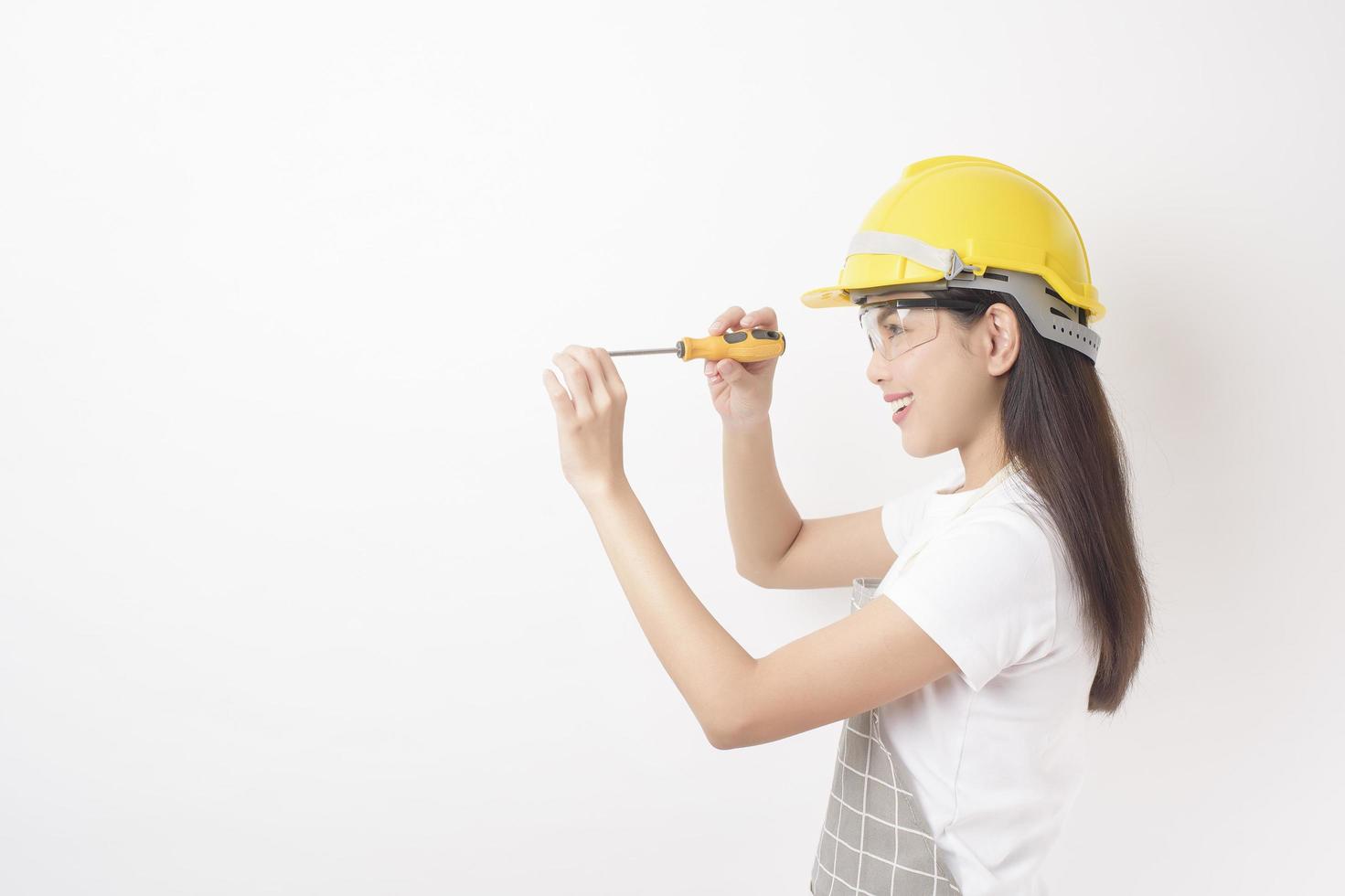 woman technician portrait on white background photo