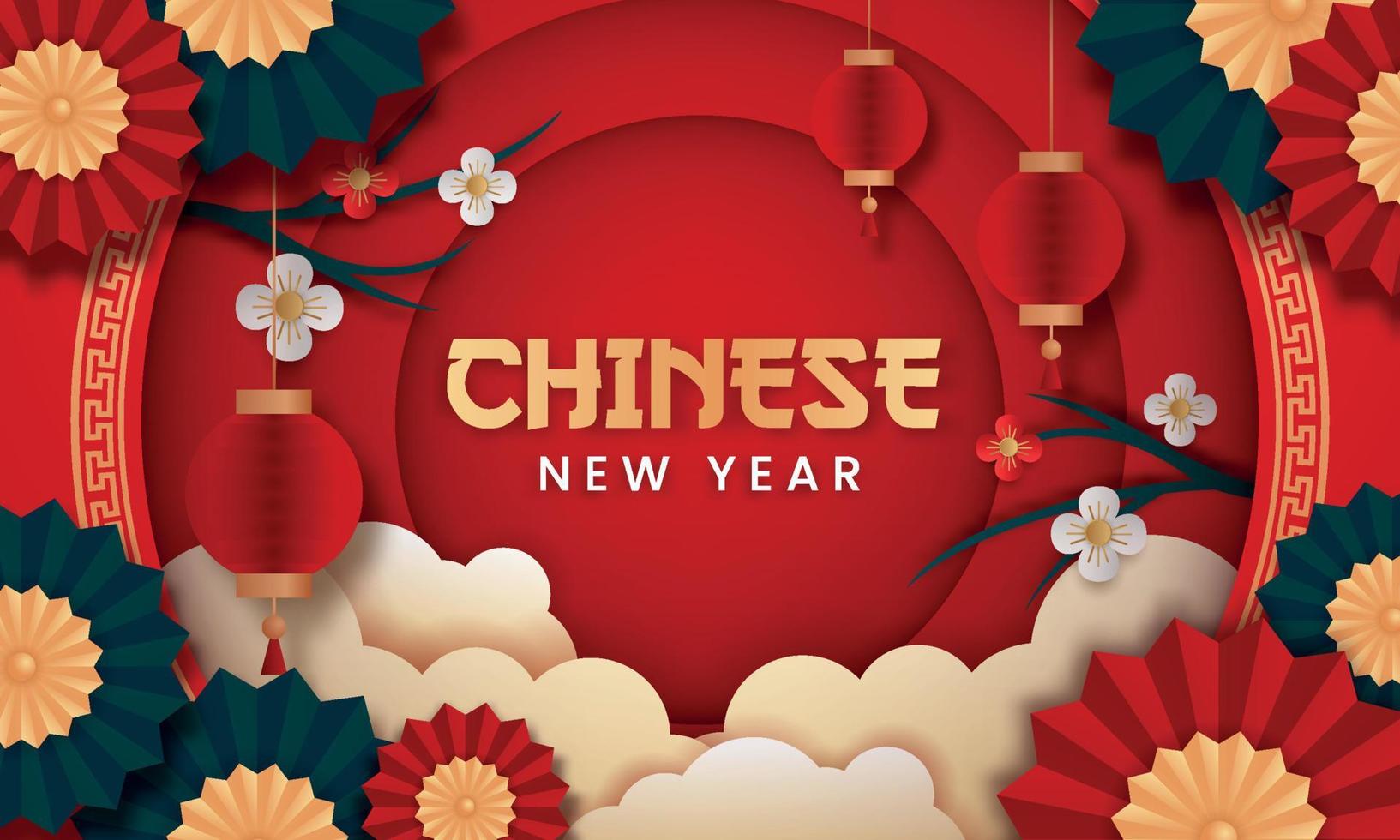 vector de estilo de papel de año nuevo chino. afiche o pancarta con linternas, sombrillas y flores adecuadas para el evento del año nuevo chino.
