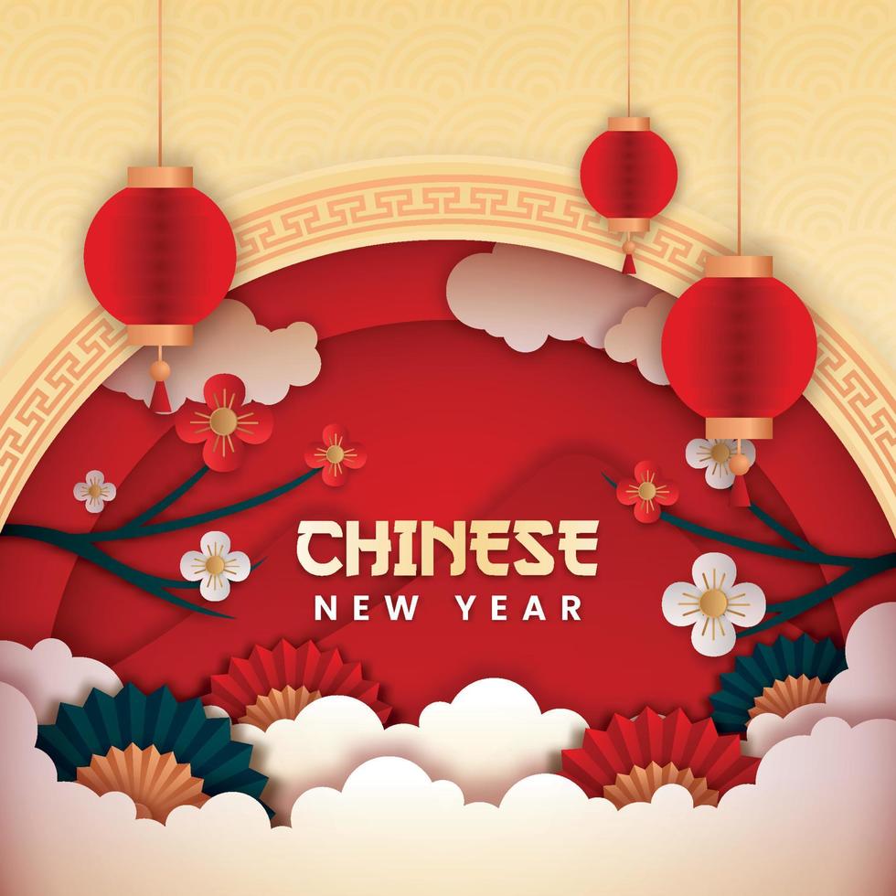 vector de estilo de corte de papel de año nuevo chino. cartel o pancarta con farolillos y flores. con concepto asiático.