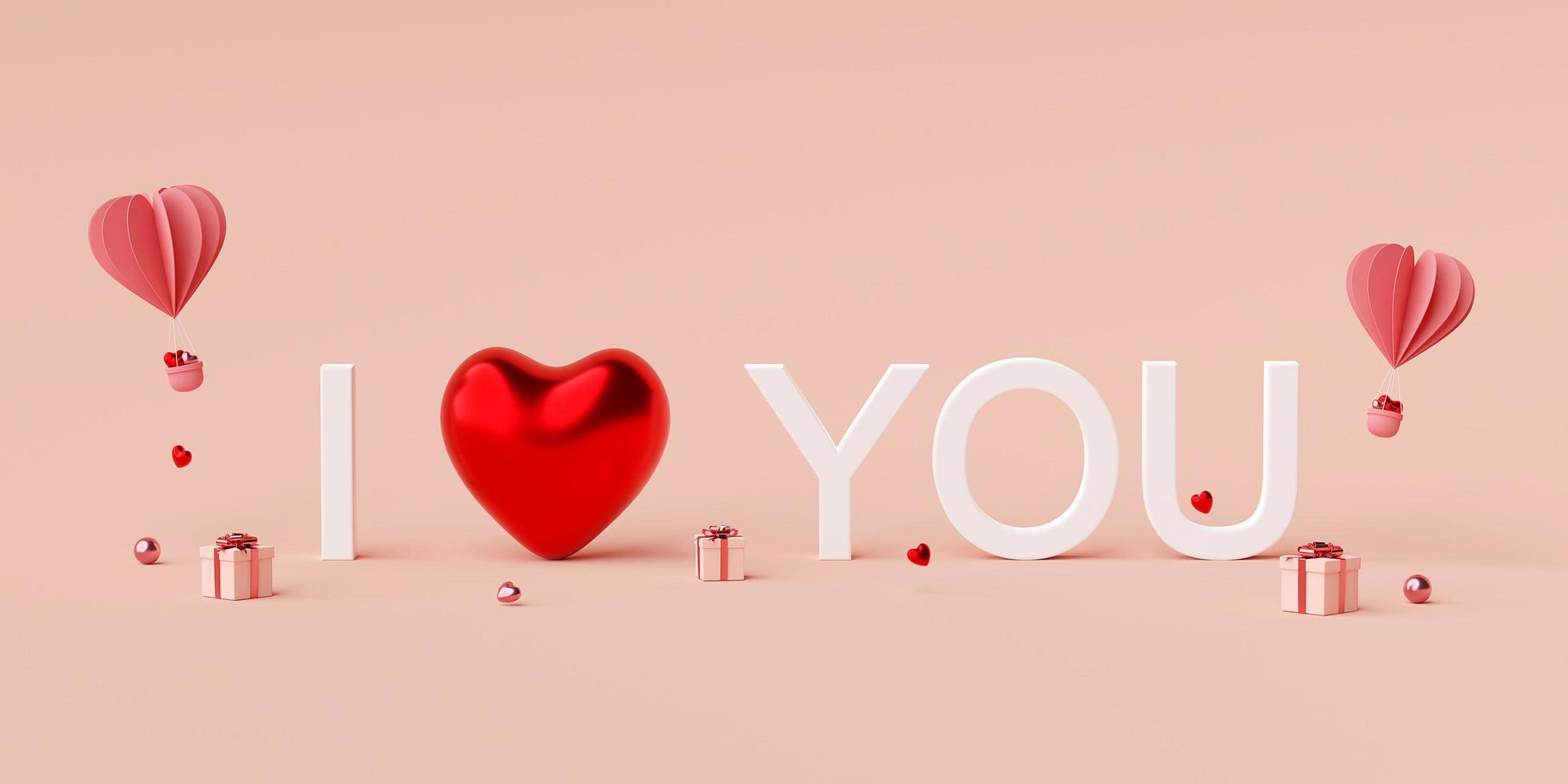 Valentine banner background of text I love you with heart shape balloon with gift box, 3d rendering photo