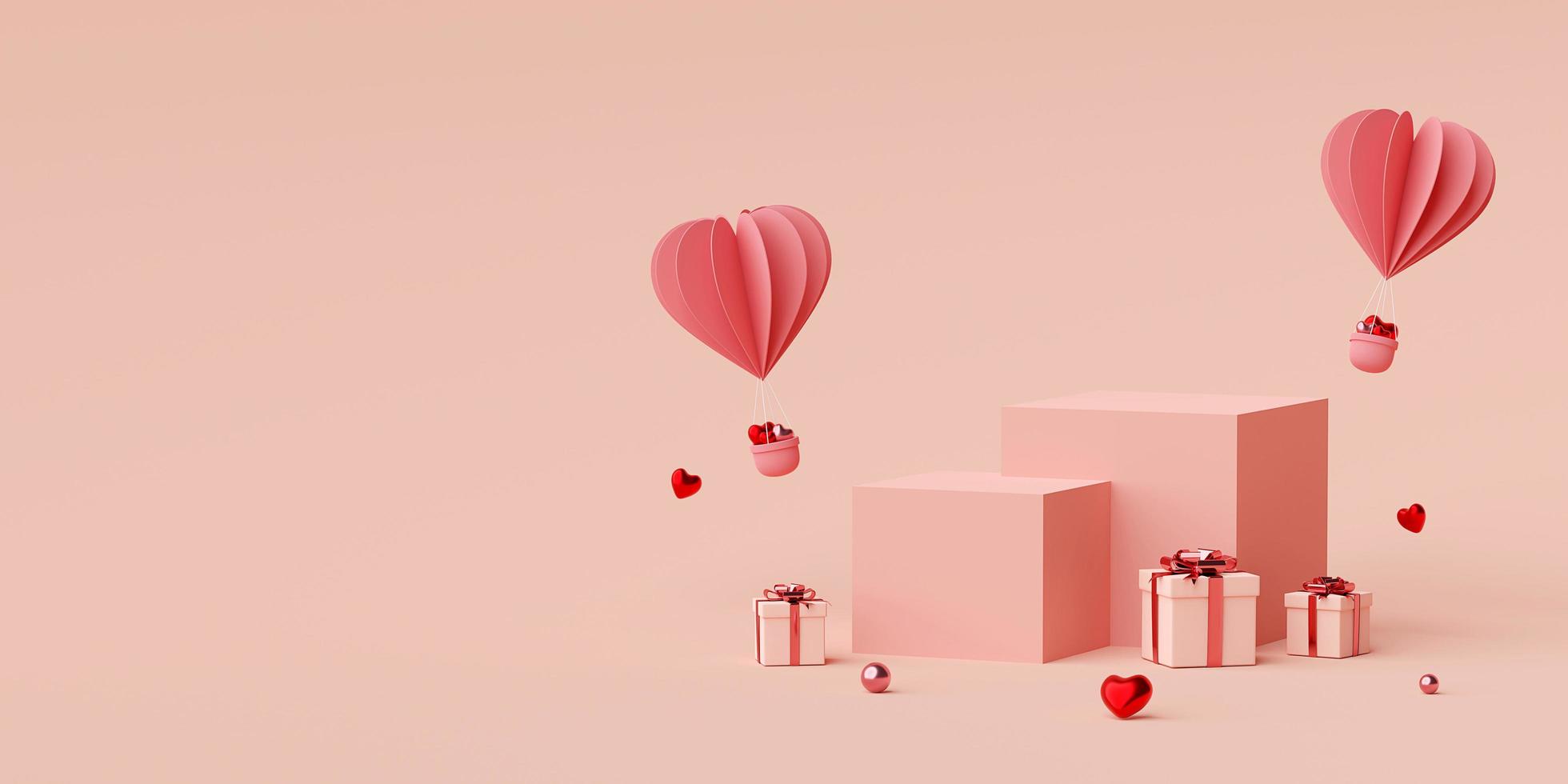 fondo de banner de san valentín de podio con globo en forma de corazón con caja de regalo, representación 3d foto