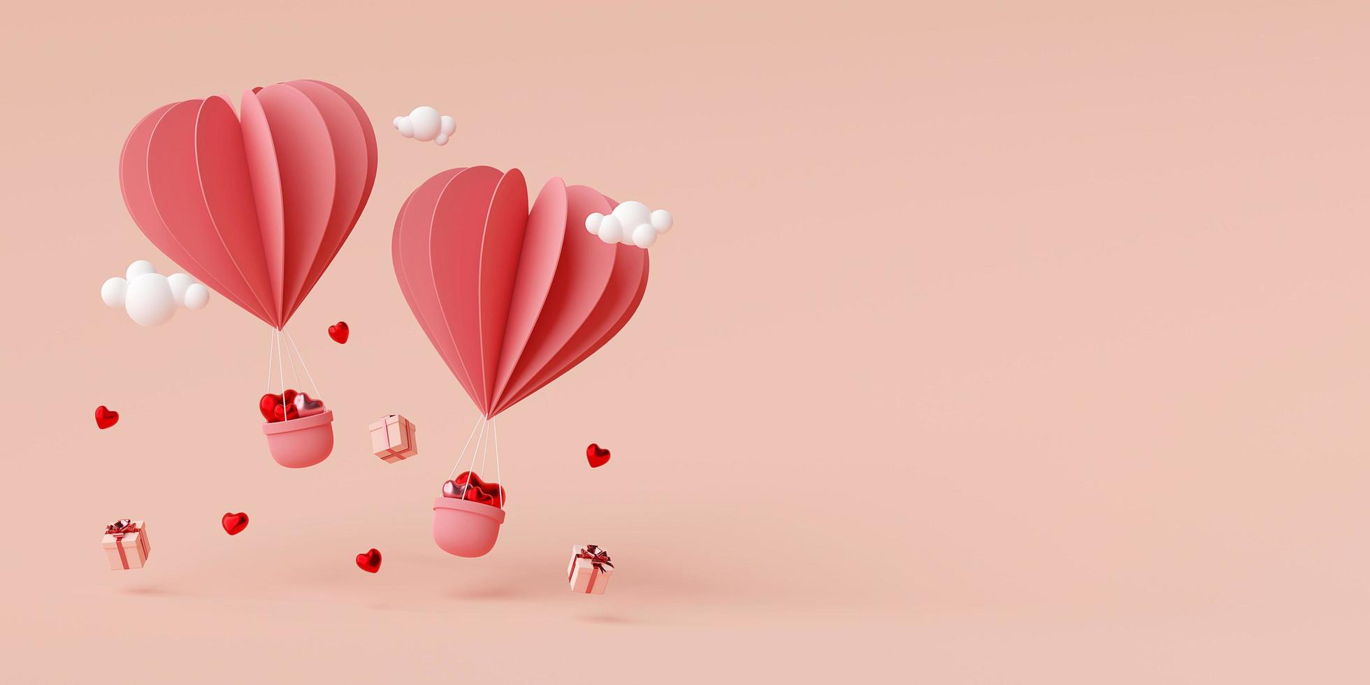 Valentine banner background of heart shape balloon with gift box, 3d rendering photo