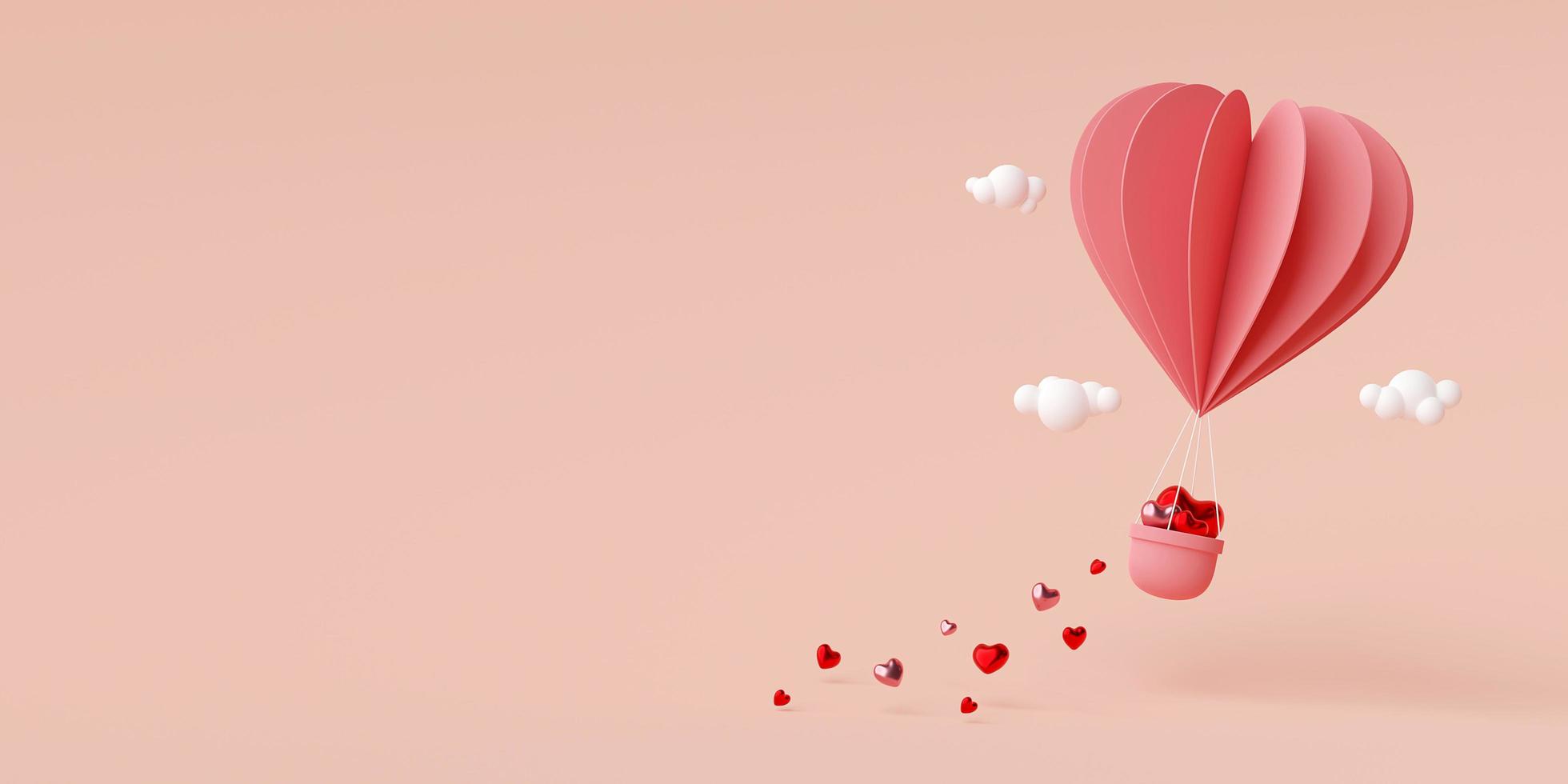 fondo de banner de san valentín de globo en forma de corazón en el aire, representación 3d foto