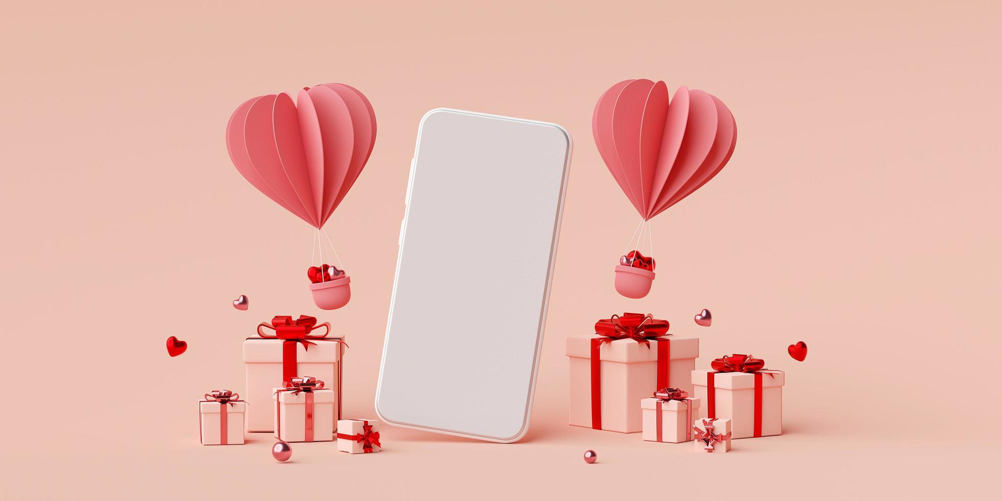 Valentine banner background of smartphone with gift box and heart shape balloon, 3d rendering photo