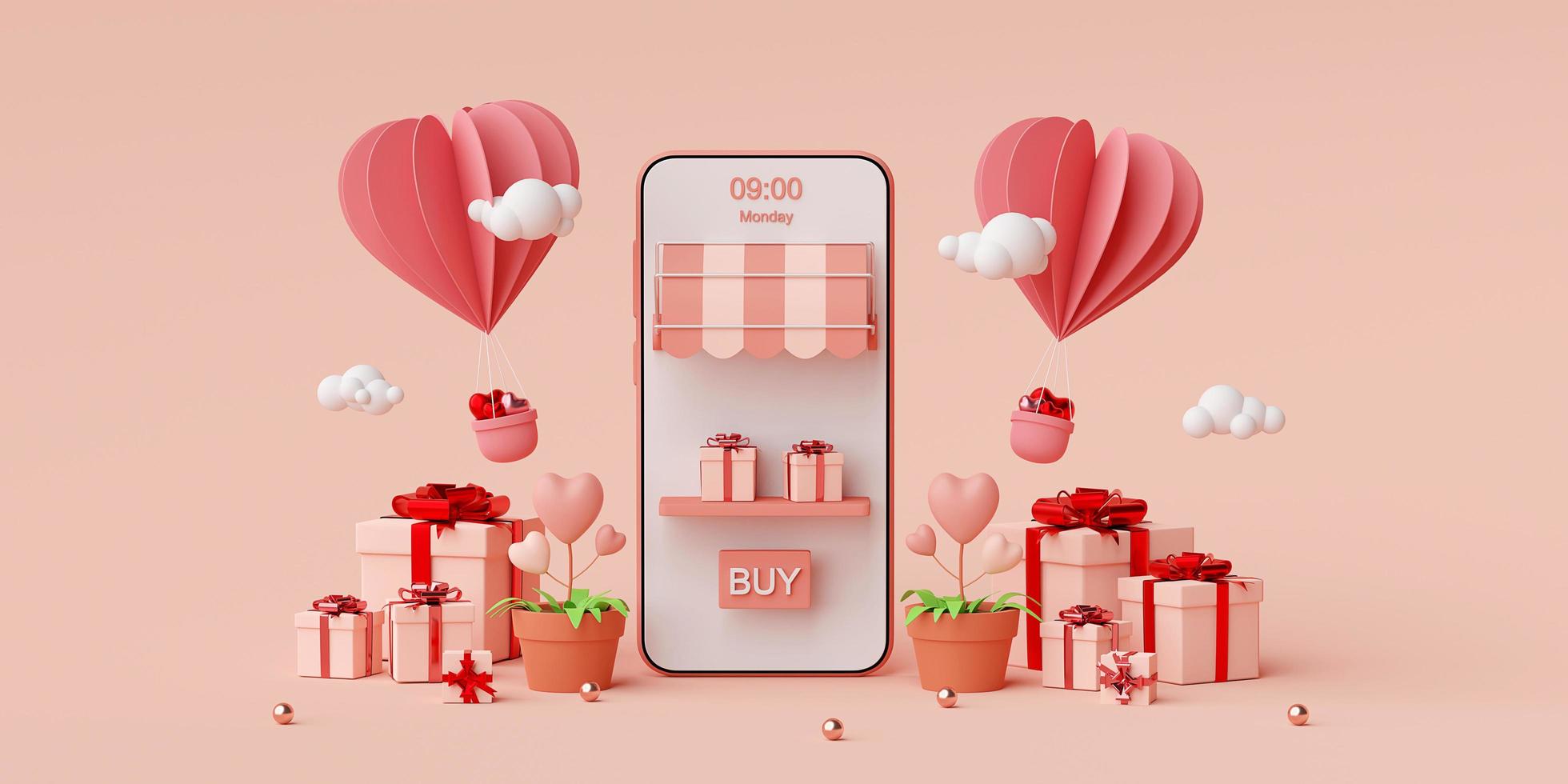 Valentine banner background of smartphone with gift box and heart shape balloon, 3d rendering photo