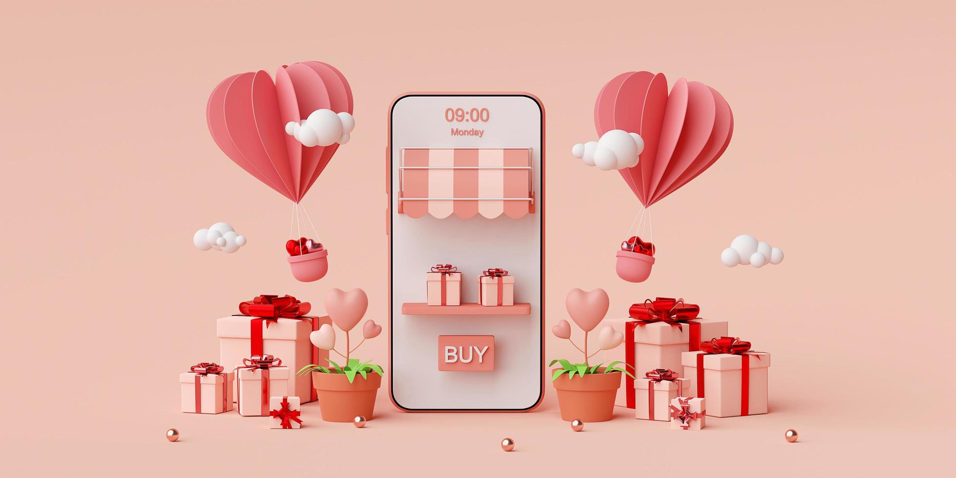 fondo de banner de san valentín de teléfono inteligente con caja de regalo y globo en forma de corazón, representación 3d foto