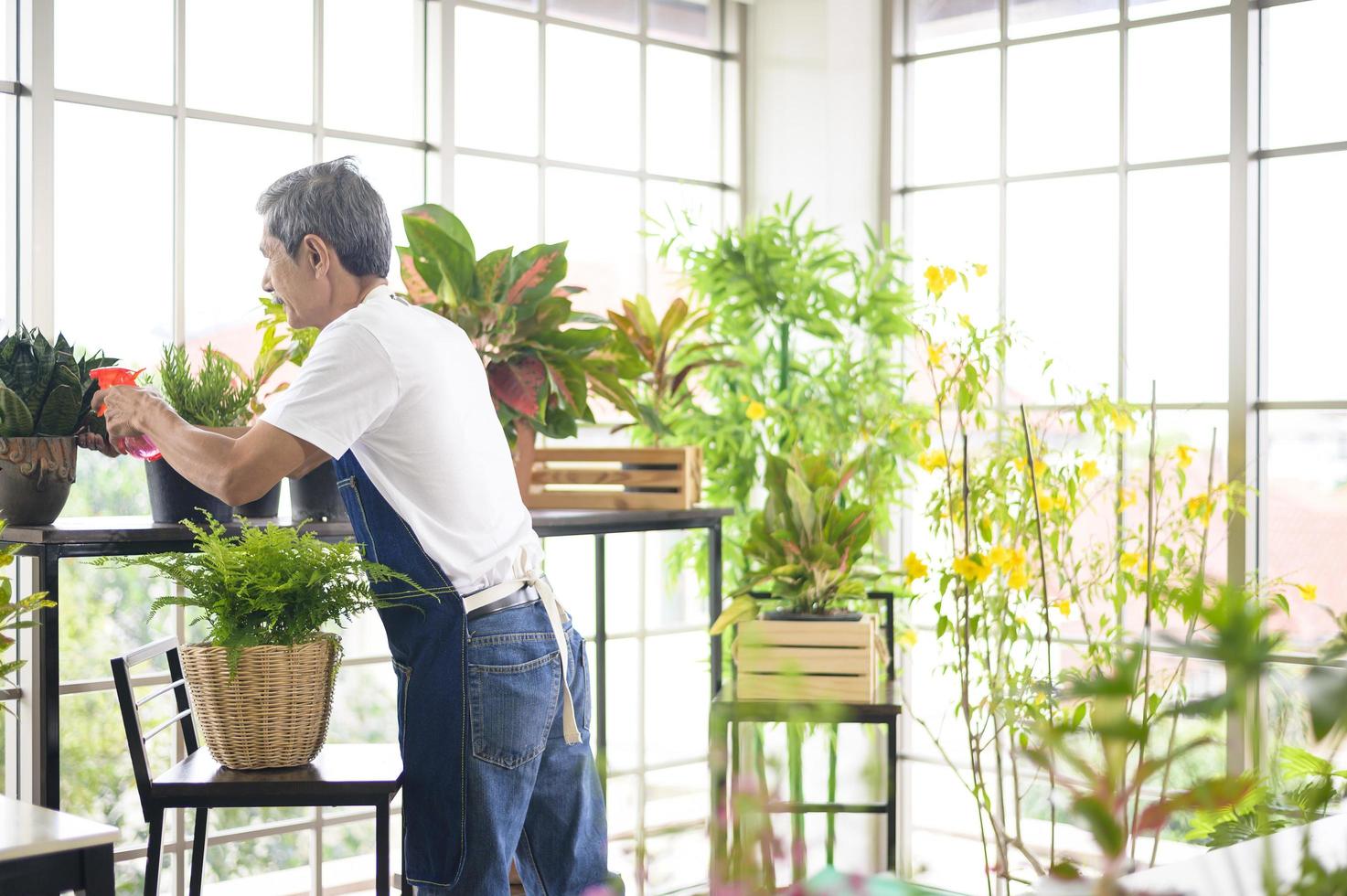 feliz anciano jubilado asiático rociando y regando el árbol disfruta de la actividad de ocio en casa foto